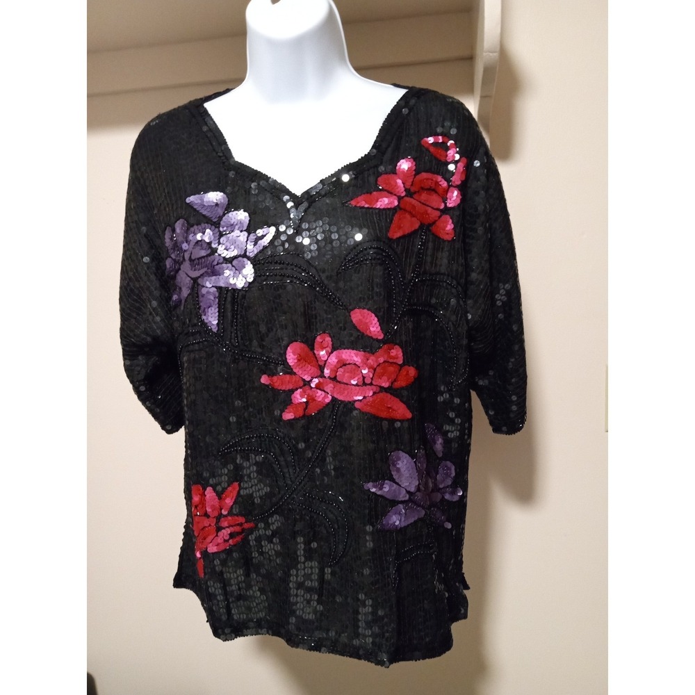 Vintage Elegance by Anujan Black Sequin Floral‎ Evening Top Pink Purple silk M